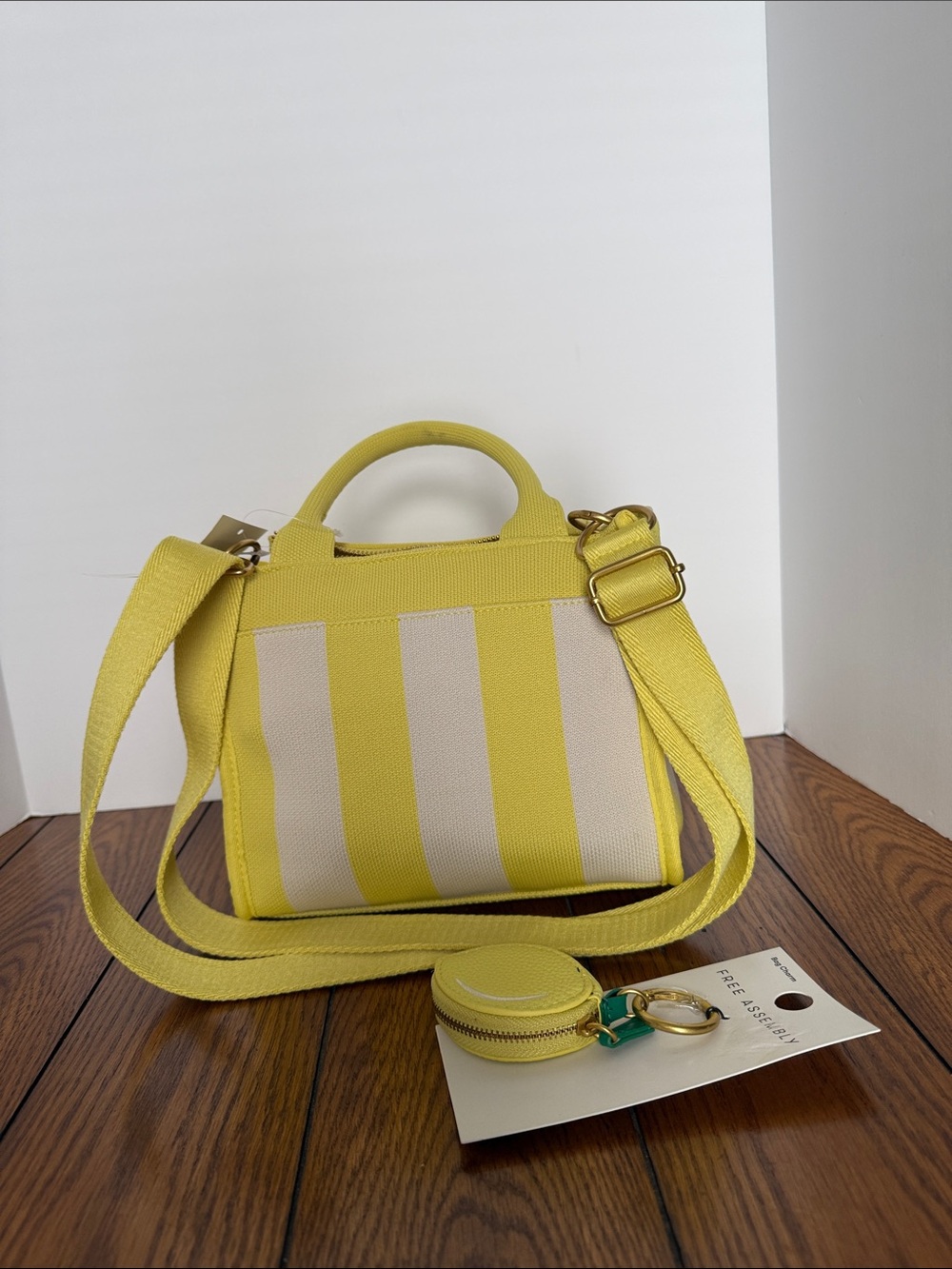 Bright Yellow Striped Crossbody Bag with Removable Strap and Lemon Bag Charm
